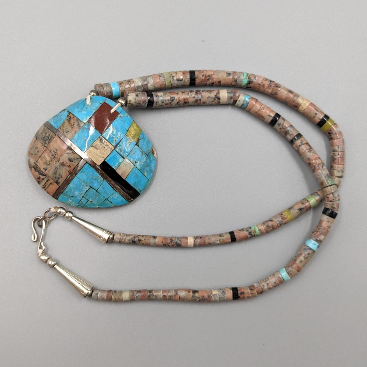 Santo Domingo (Kewa) Rolled Multi-stone Necklace with Shell Inlay Pendant