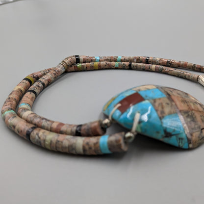 Santo Domingo (Kewa) Rolled Multi-stone Necklace with Shell Inlay Pendant