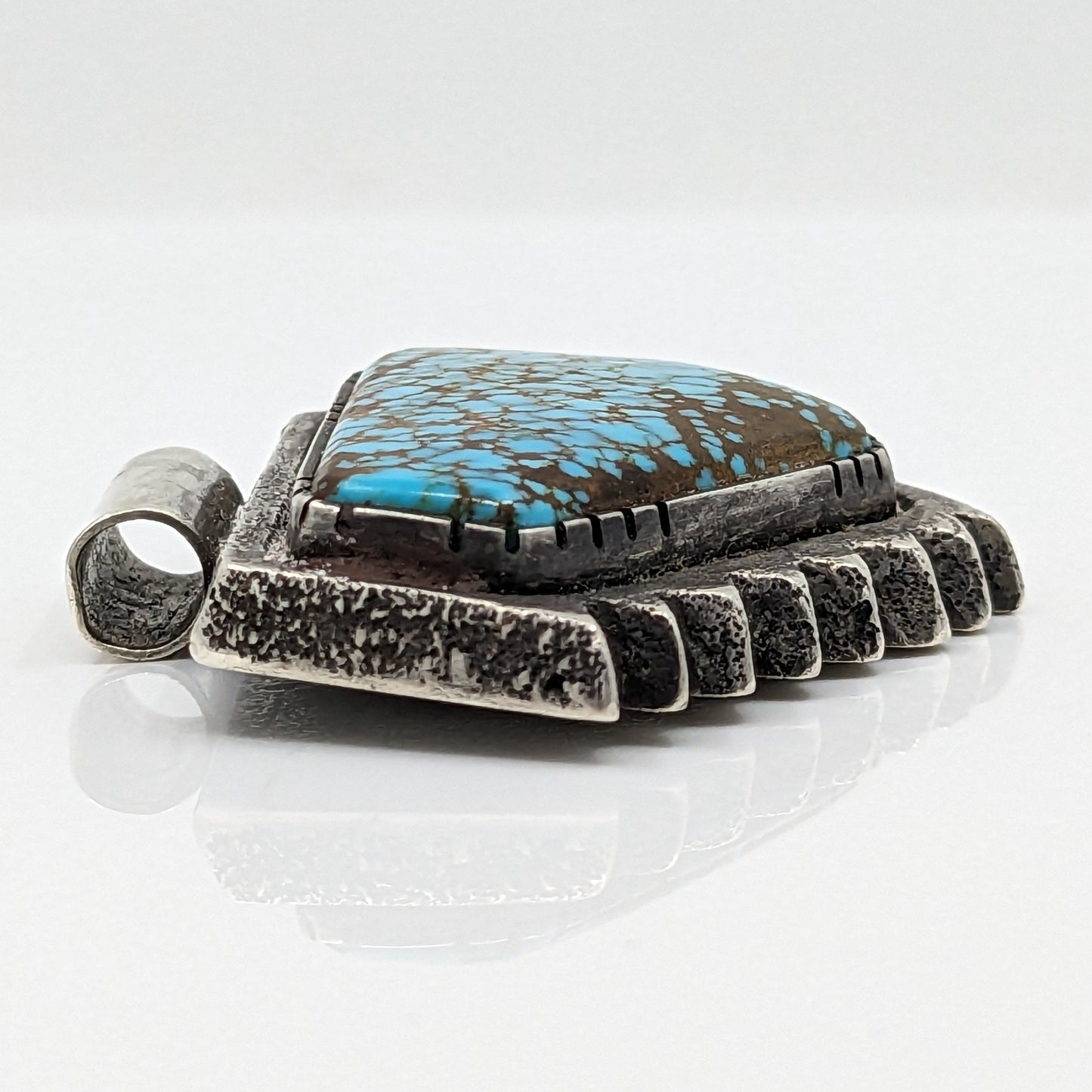 Lawrence (Larry) G. Golsh - Museum Quality #8 Spiderweb Turquoise in Sterling Contemporary Tufa Cast Pendant