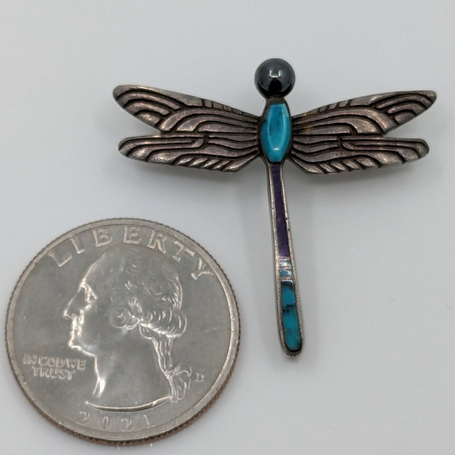 Ray Tracey - Delicate Turquoise, Sugilite, and Sterling Dragonfly Pendant