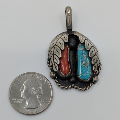 Jane Yikaazba Popovitch (?) - Turquoise and Coral in Sterling Pendant