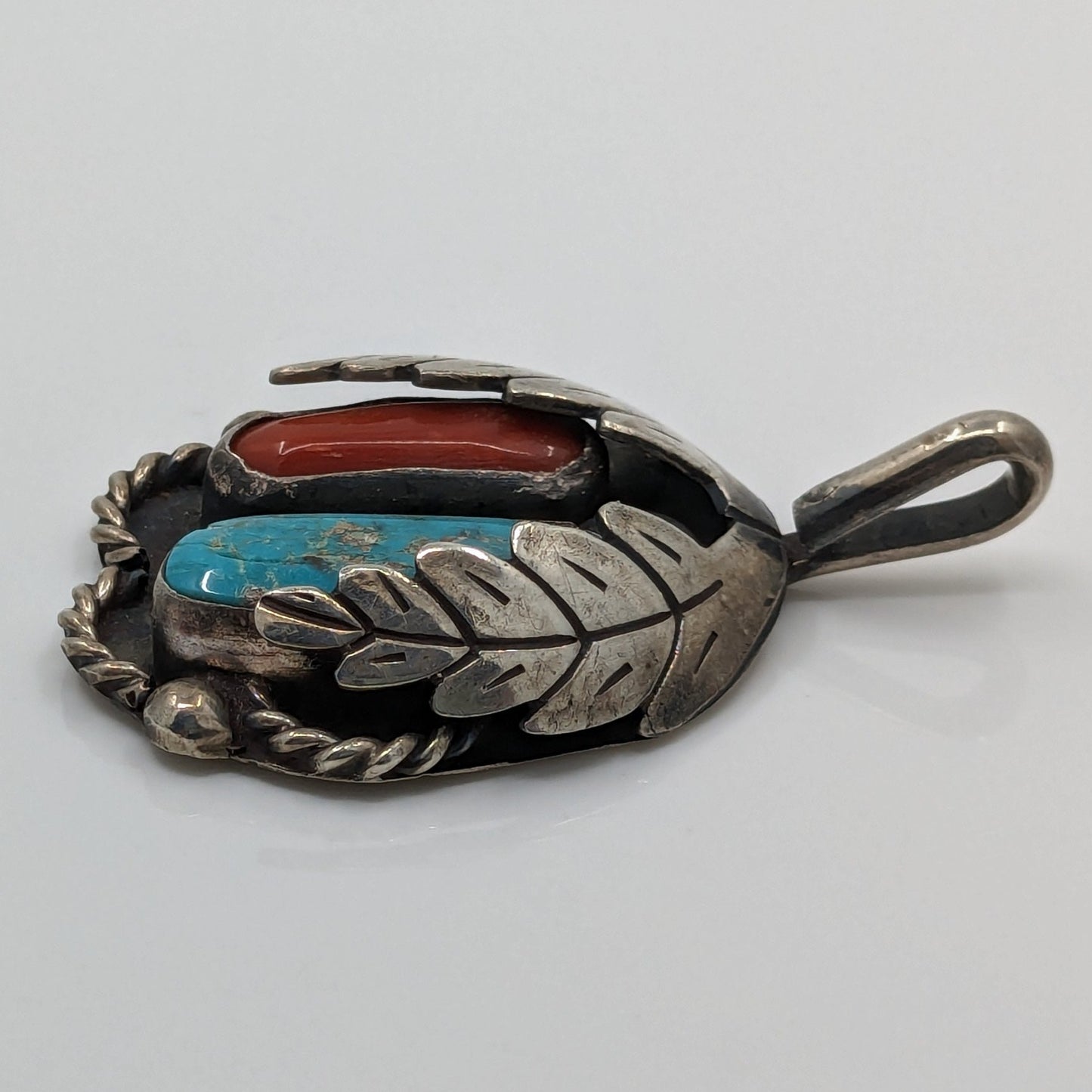 Jane Yikaazba Popovitch (?) - Turquoise and Coral in Sterling Pendant