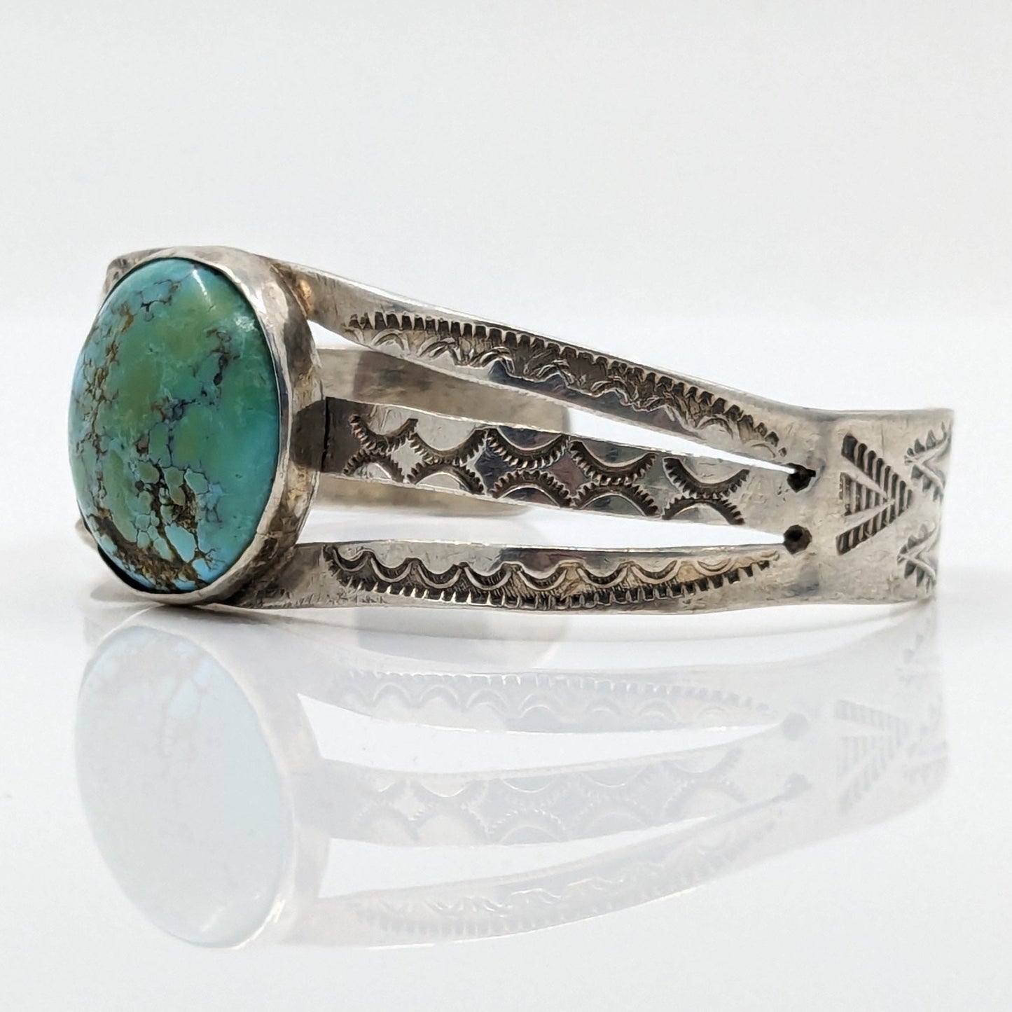 Navajo Turquoise and Ingot Silver Cuff with Stamped Designs, c. 1930s