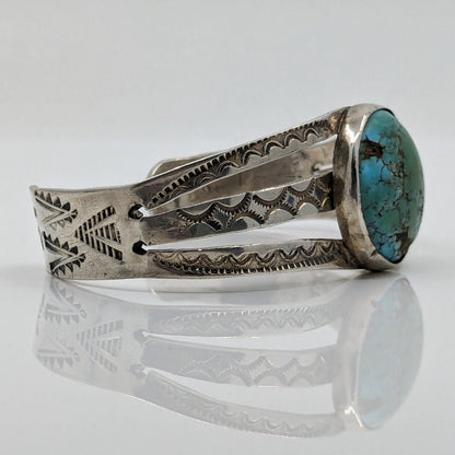 Navajo Turquoise and Ingot Silver Cuff with Stamped Designs, c. 1930s