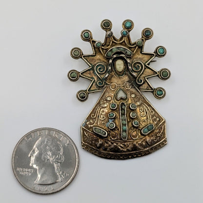 Matilde Eugenia Poulat - Very Rare Turquoise, Bone, and Sterling Our Lady of Guadalupe Brooch