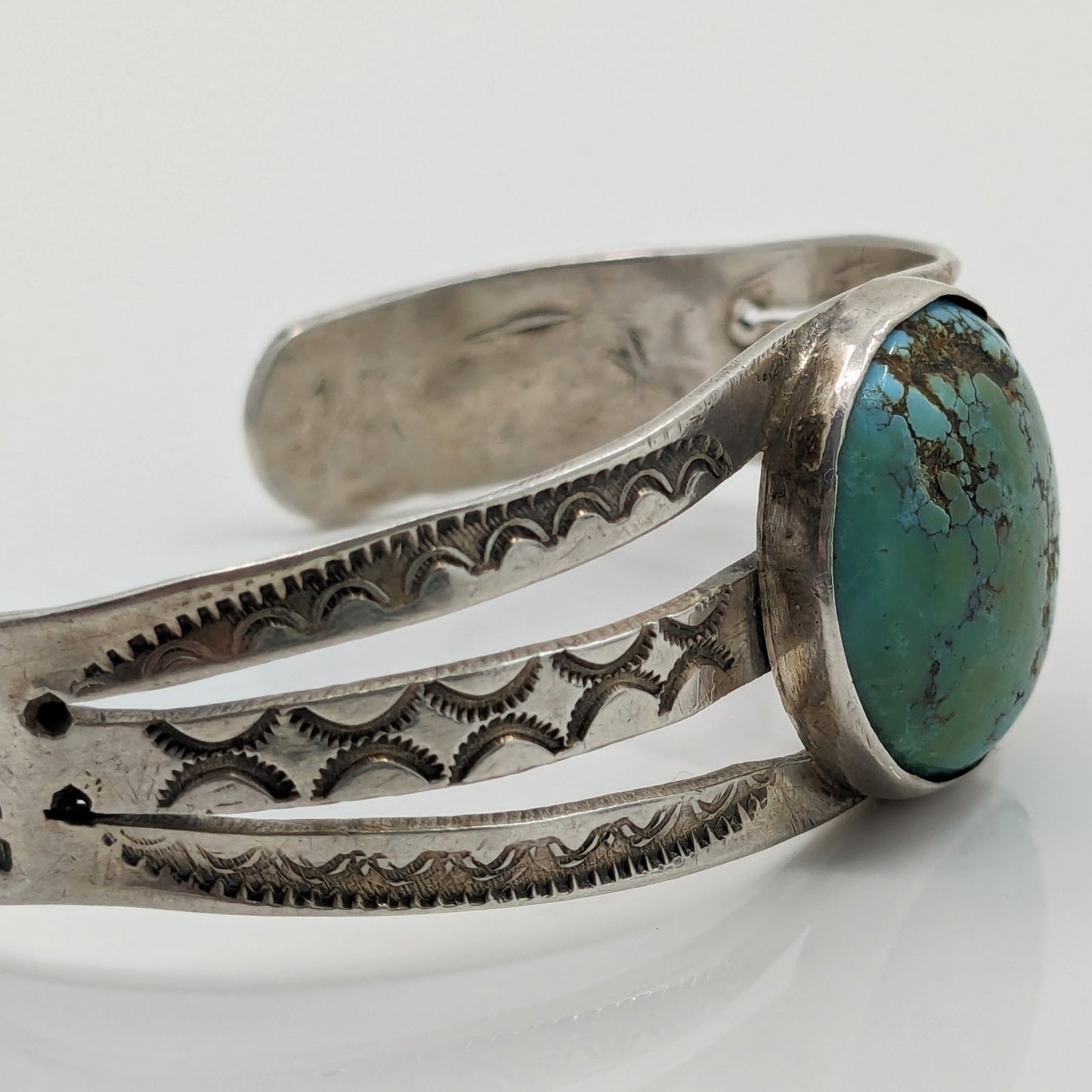 Navajo Turquoise and Ingot Silver Cuff with Stamped Designs, c. 1930s