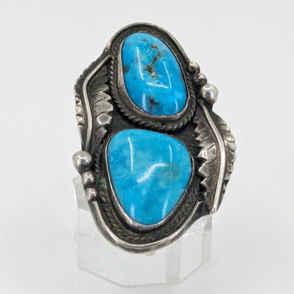 Vintage Navajo Double Turquoise Ring with Sterling Leaf Designs, Size 6.25