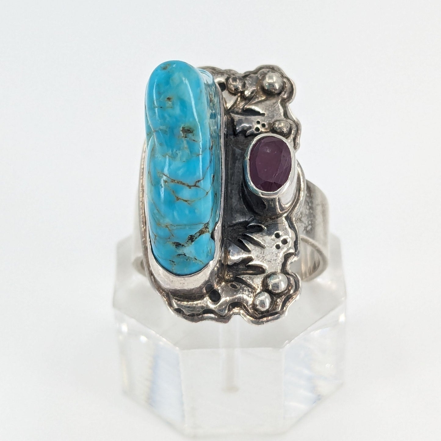 Kim Cevora - OoaK Turquoise, Ruby (?), and Sterling Statement Ring, Size Adjustable