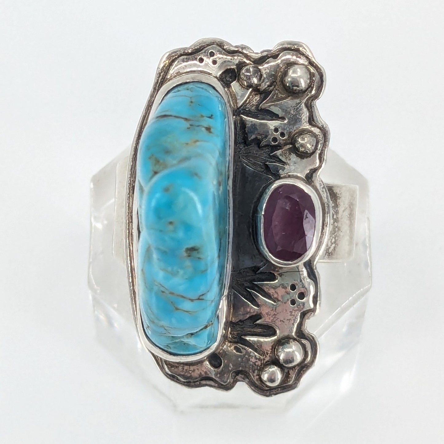 Kim Cevora - OoaK Turquoise, Ruby (?), and Sterling Statement Ring, Size Adjustable