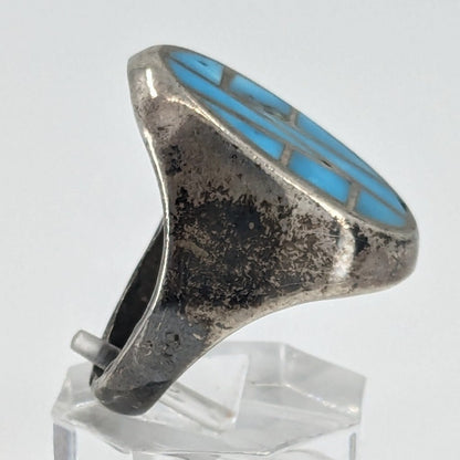 Vintage Navajo Sterling and Turquoise Inlay Ring, c. 1960s, Size 12.25