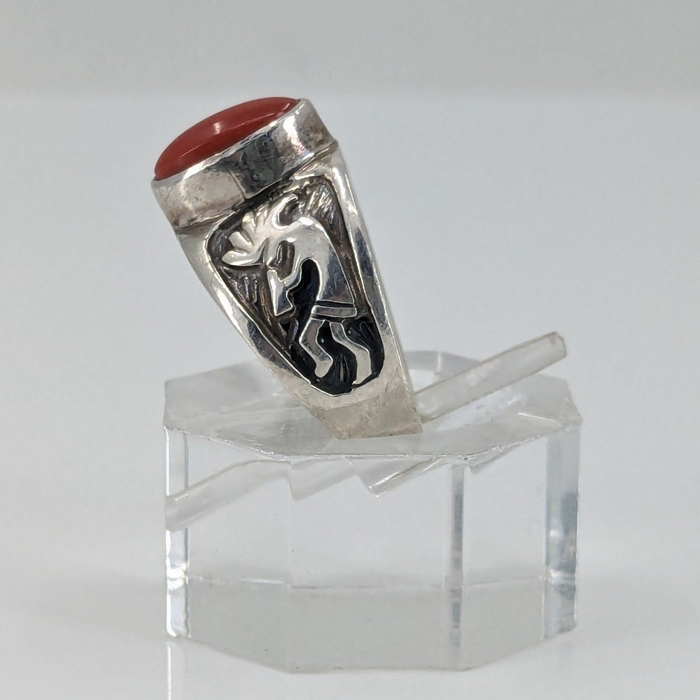 Julius Burbank - Sterling Kokopelli Ring with Coral, Size 6