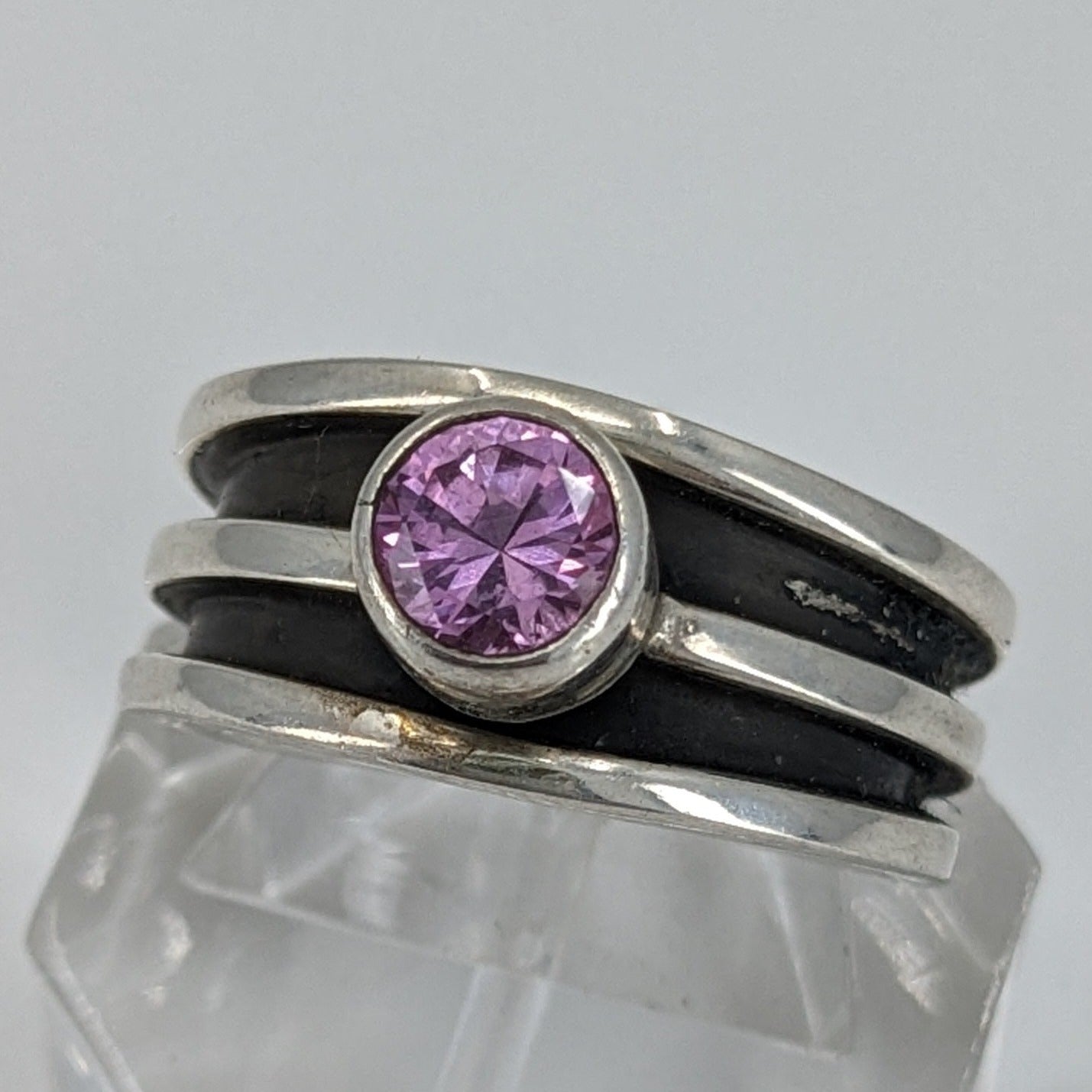 Tom Hawk - Light Pink/Purple Amethyst or CZ (?) Sterling Channel Ring, Size 7.25