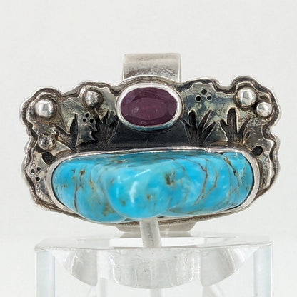 Kim Cevora - OoaK Turquoise, Ruby (?), and Sterling Statement Ring, Size Adjustable