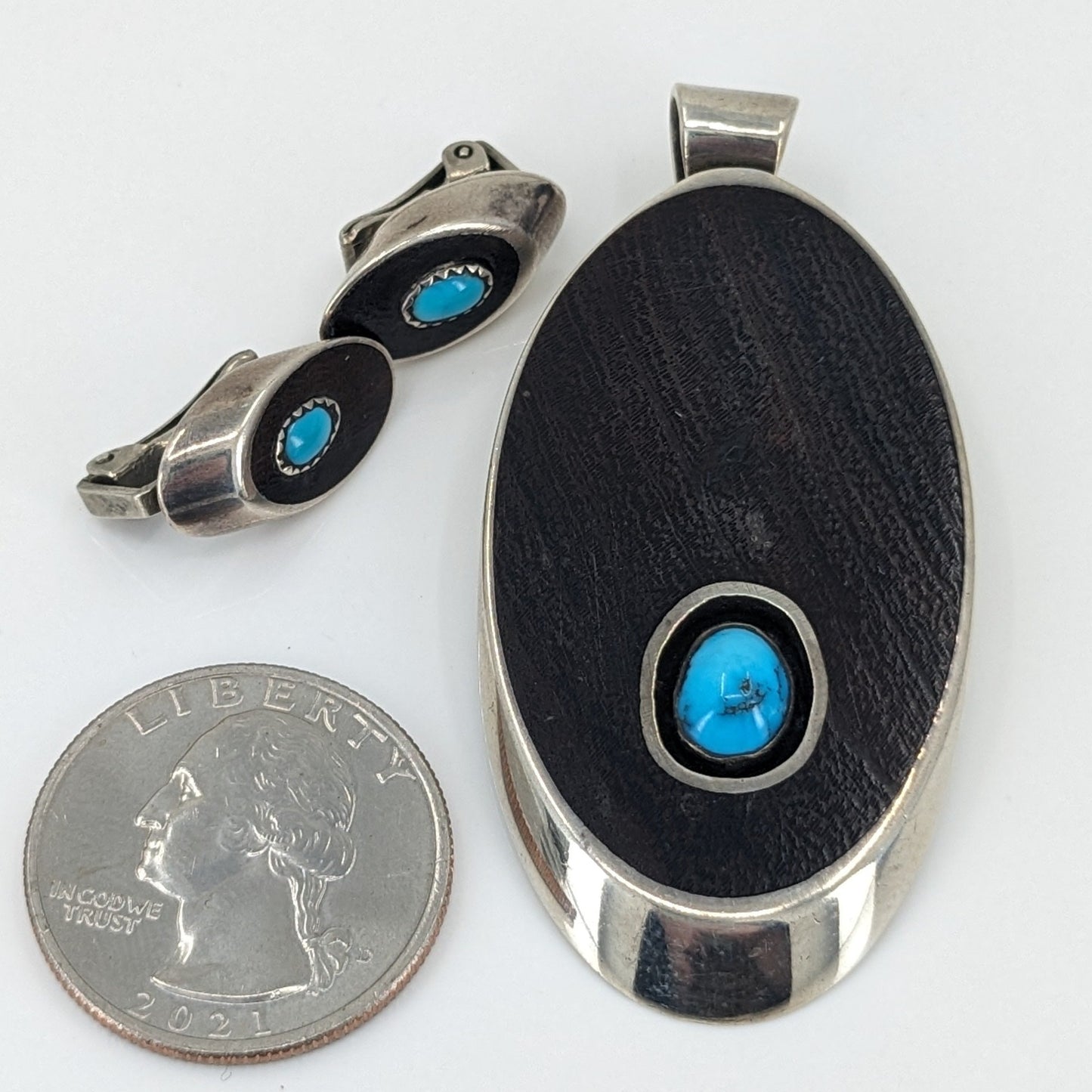 LeRoy Thomas & John G. Begay (White Hogan Silver Shop) - Ironwood, Turquoise, and Sterling Pendant & Earrings Set