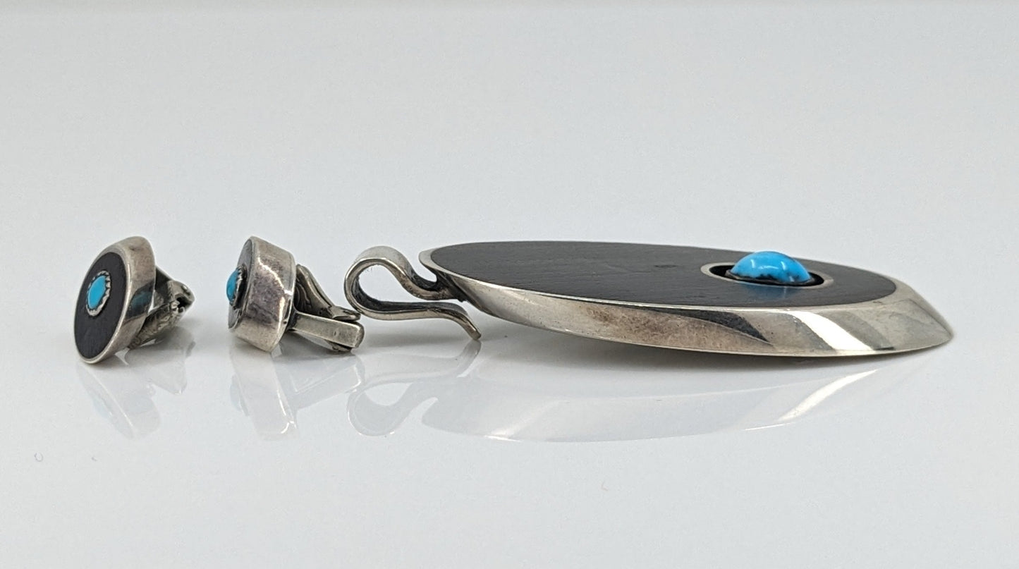 LeRoy Thomas & John G. Begay (White Hogan Silver Shop) - Ironwood, Turquoise, and Sterling Pendant & Earrings Set