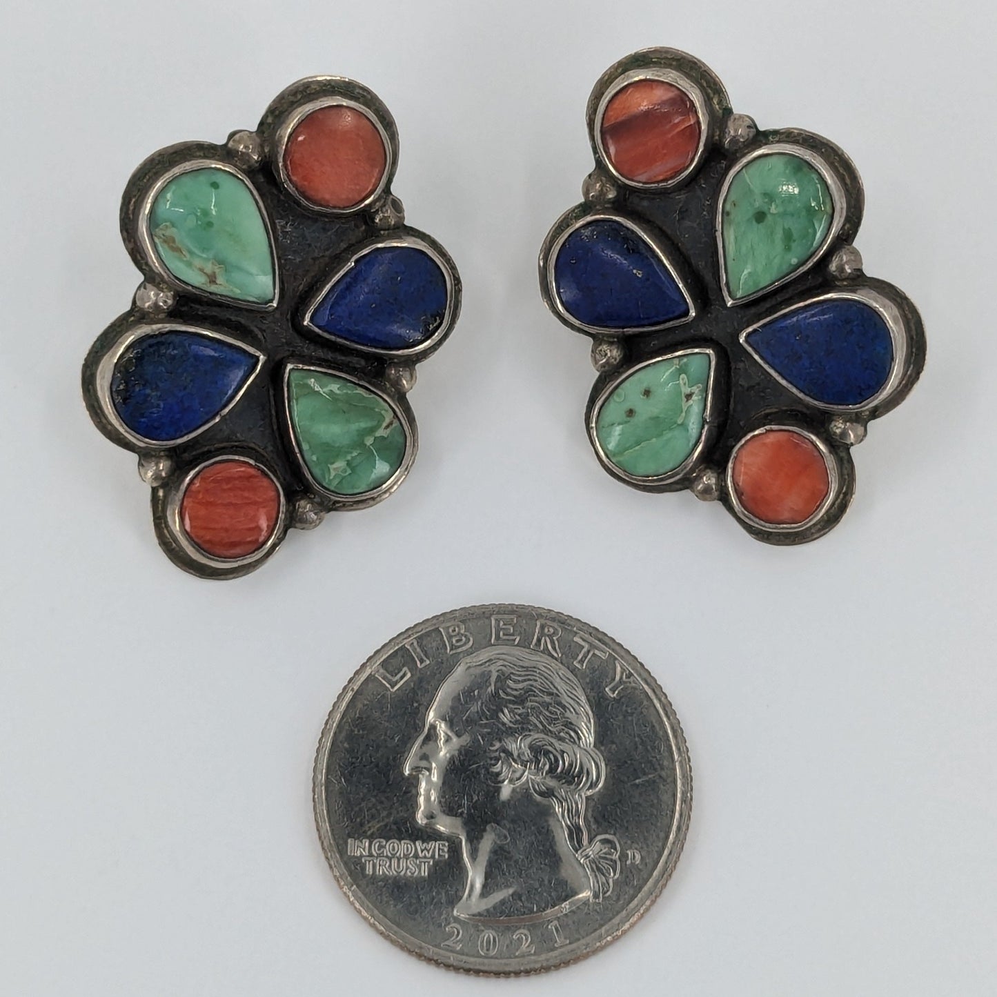 Oscar Betz - Vintage Turquoise, Spiny Oyster, Lapis and Sterling Earrings