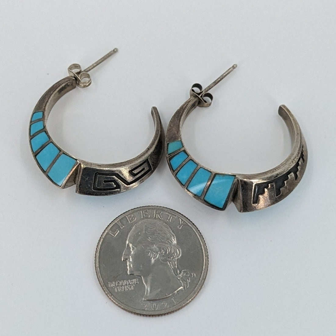 Lonn Parker - Turquoise Inlay and Sterling Overlay Half-Hoop Earrings