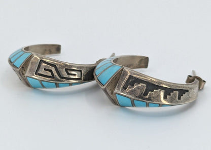 Lonn Parker - Turquoise Inlay and Sterling Overlay Half-Hoop Earrings