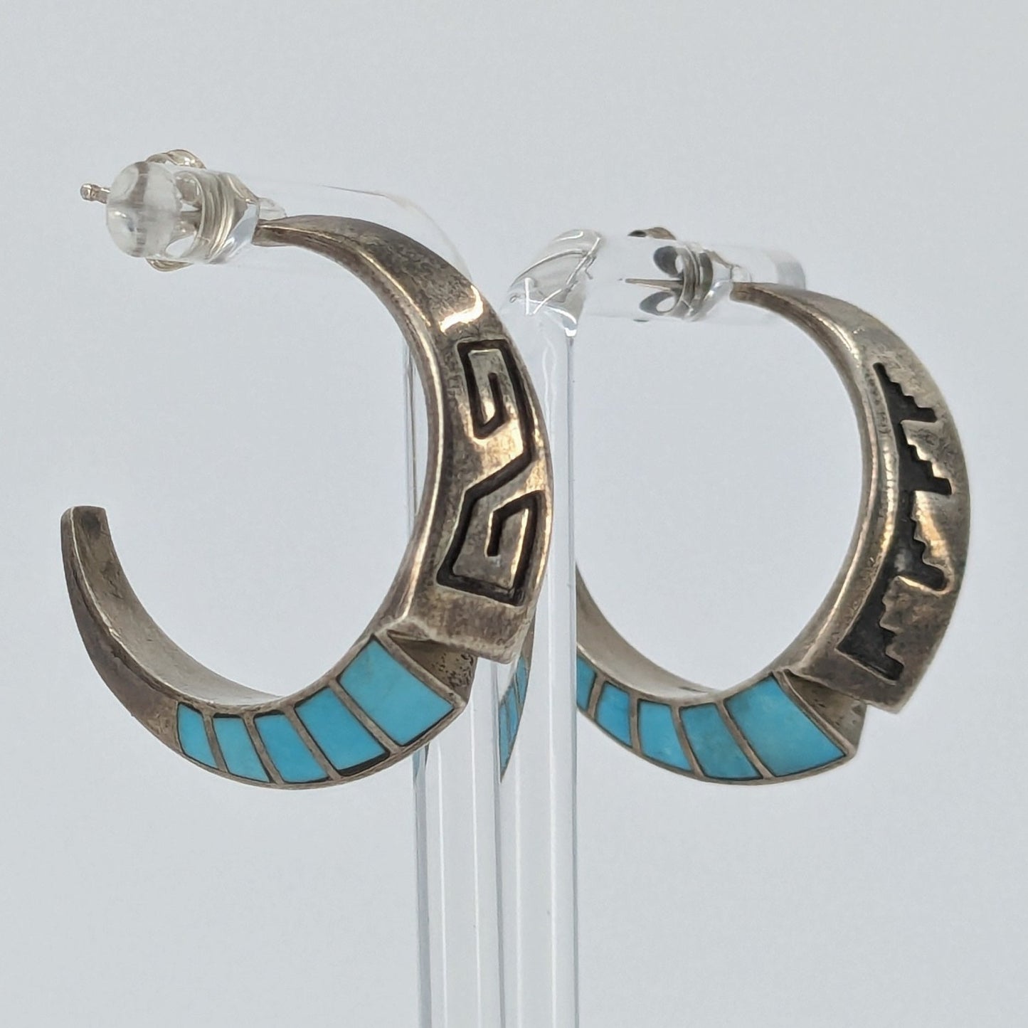 Lonn Parker - Turquoise Inlay and Sterling Overlay Half-Hoop Earrings