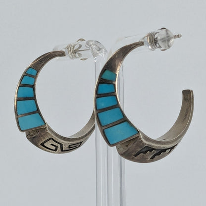 Lonn Parker - Turquoise Inlay and Sterling Overlay Half-Hoop Earrings