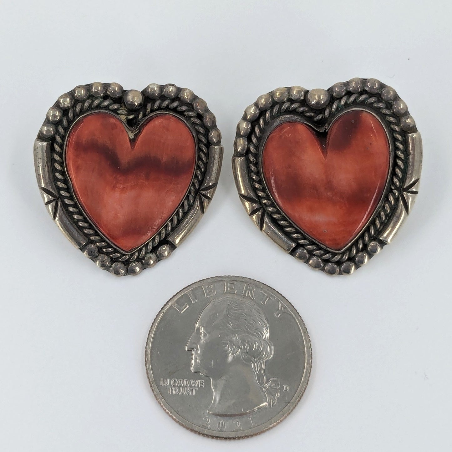 Orange Spiny Oyster and Sterling Heart Earrings