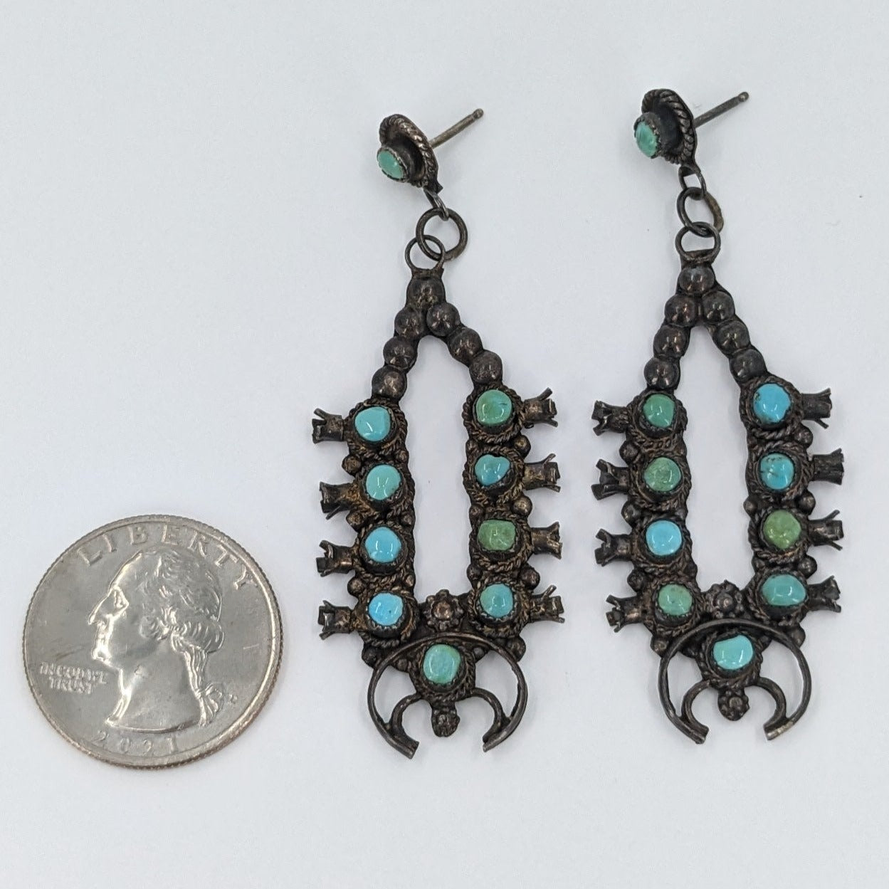 Vintage Miniature Turquoise and Sterling Squash Blossom Earrings