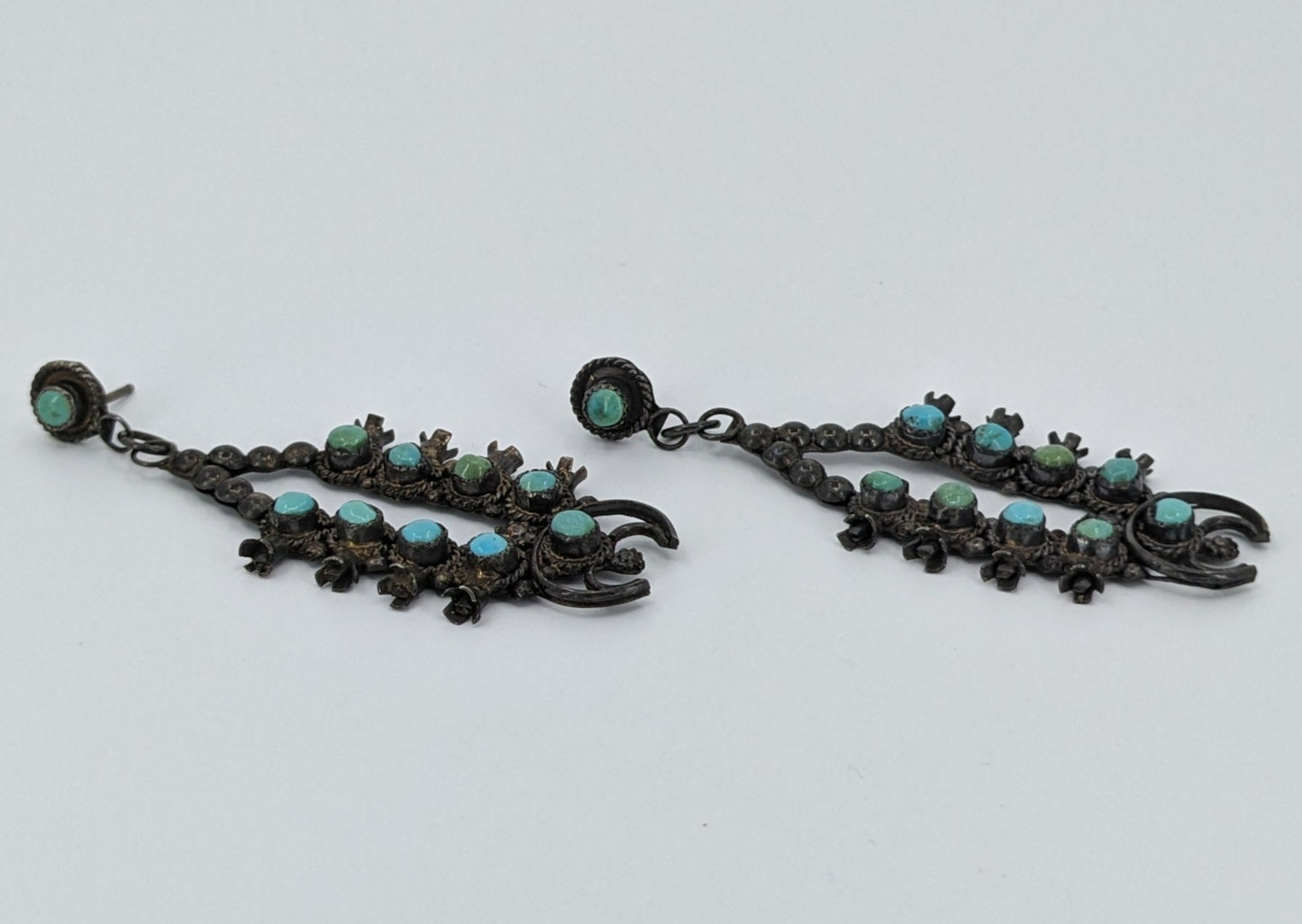 Vintage Miniature Turquoise and Sterling Squash Blossom Earrings