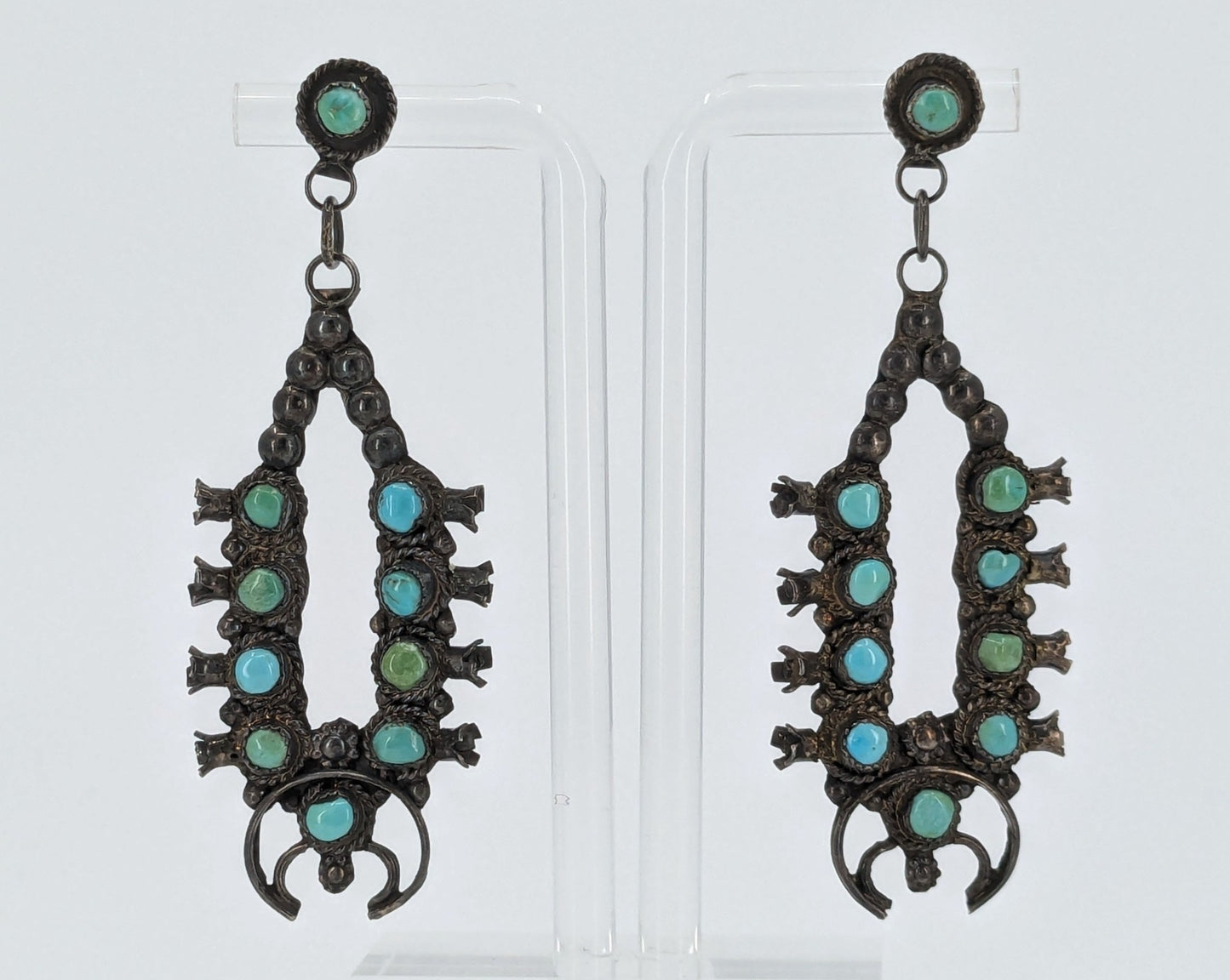 Vintage Miniature Turquoise and Sterling Squash Blossom Earrings