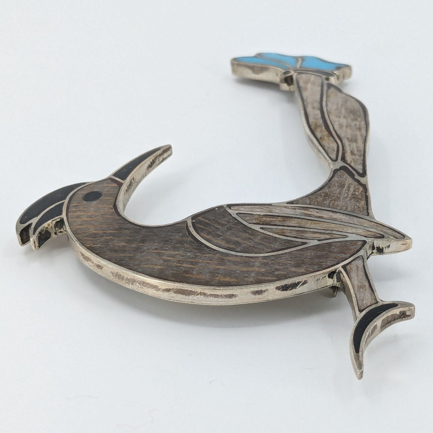 Zuni Style Turquoise, Wood, Jet, and Sterling Roadrunner Brooch