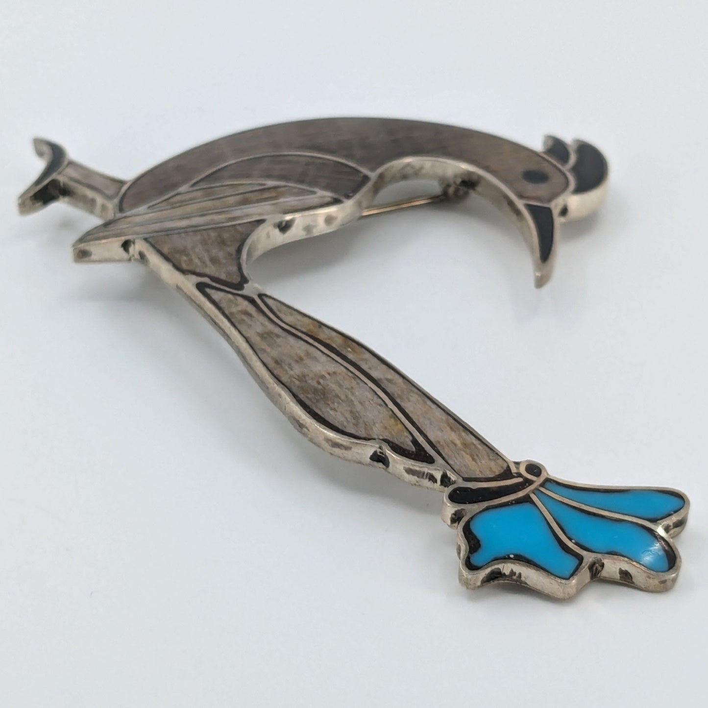 Zuni Style Turquoise, Wood, Jet, and Sterling Roadrunner Brooch