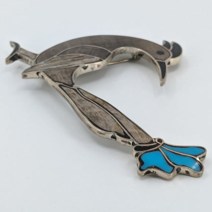 Zuni Style Turquoise, Wood, Jet, and Sterling Roadrunner Brooch