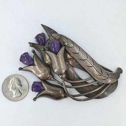 Valentin Vidaurreta (Attributed) - Vintage Taxco Sterling and Amethyst Tulip Brooch, c. 1930-40s