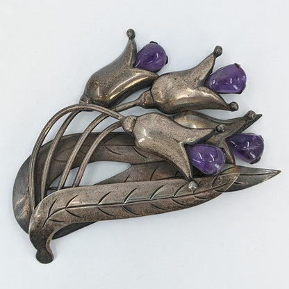 Valentin Vidaurreta (Attributed) - Vintage Taxco Sterling and Amethyst Tulip Brooch, c. 1930-40s