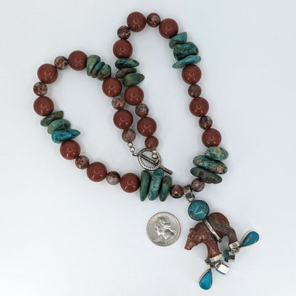 Southwest Inspired Turquoise, Jasper, and Sterling Necklace with Bear Fetish Pendant