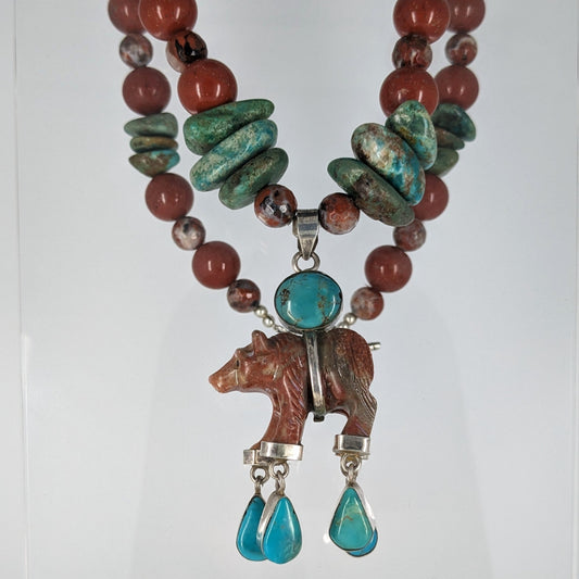 Southwest Inspired Turquoise, Jasper, and Sterling Necklace with Bear Fetish Pendant