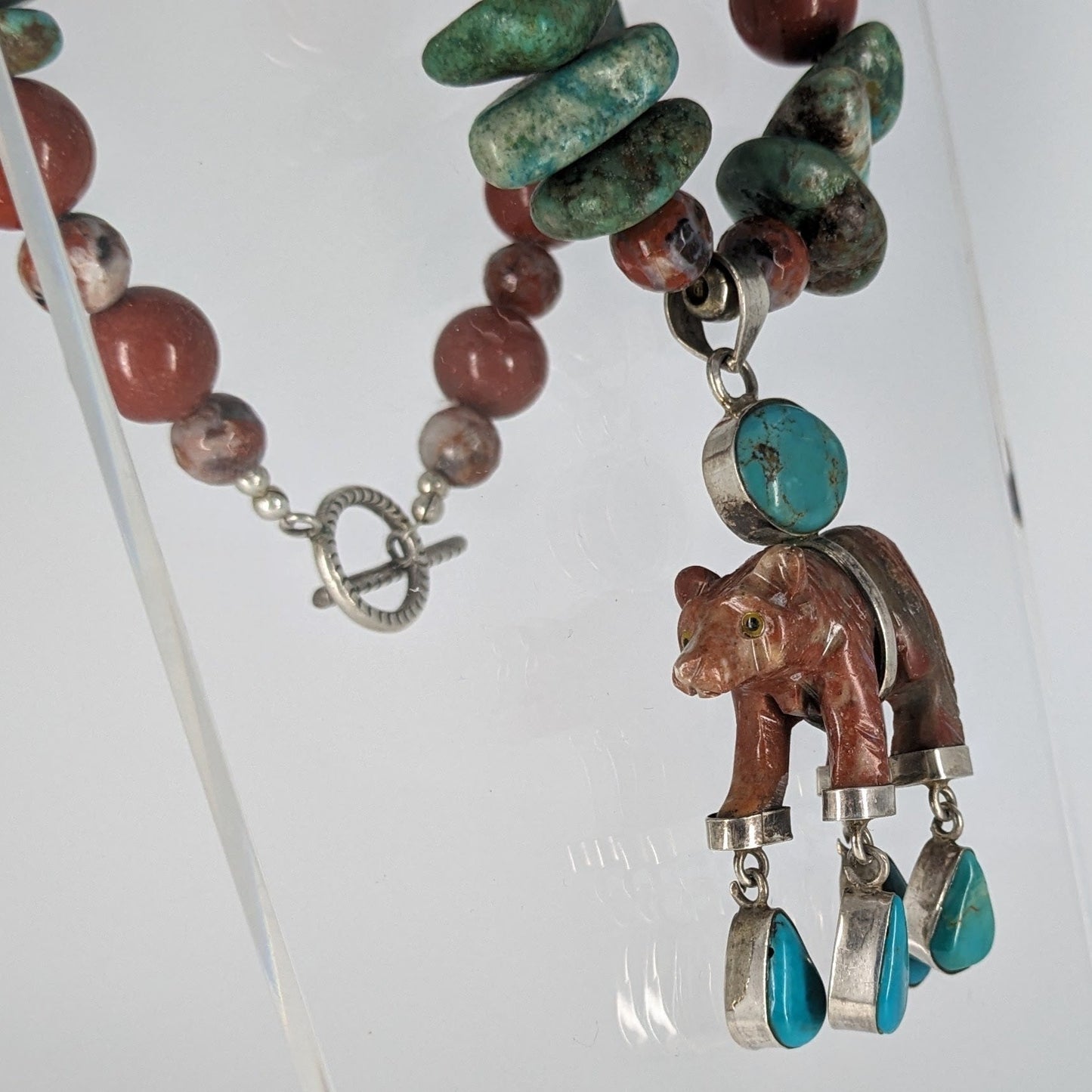 Southwest Inspired Turquoise, Jasper, and Sterling Necklace with Bear Fetish Pendant