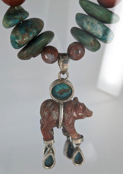 Southwest Inspired Turquoise, Jasper, and Sterling Necklace with Bear Fetish Pendant