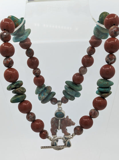 Southwest Inspired Turquoise, Jasper, and Sterling Necklace with Bear Fetish Pendant