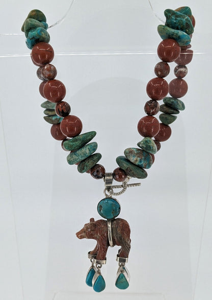 Southwest Inspired Turquoise, Jasper, and Sterling Necklace with Bear Fetish Pendant