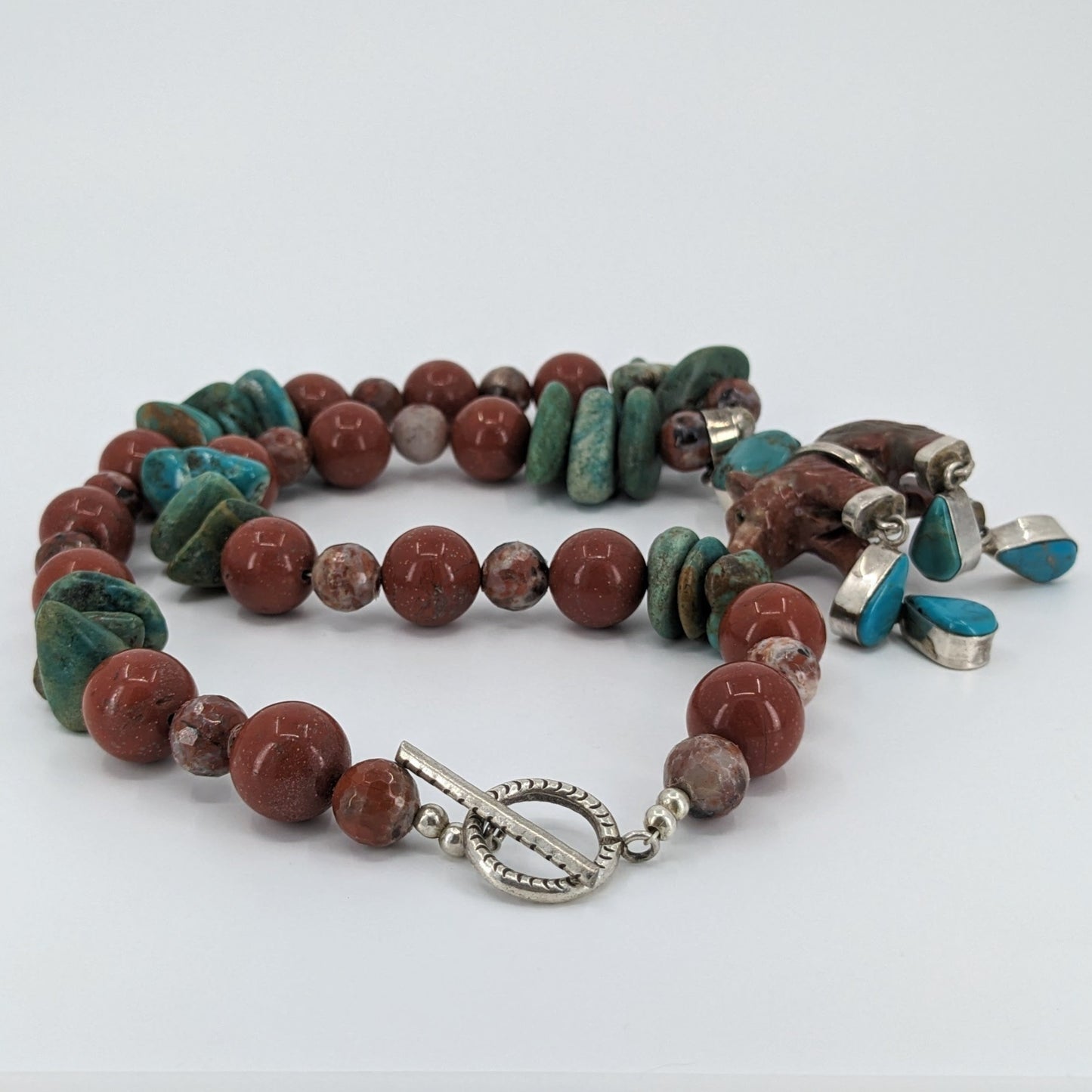 Southwest Inspired Turquoise, Jasper, and Sterling Necklace with Bear Fetish Pendant