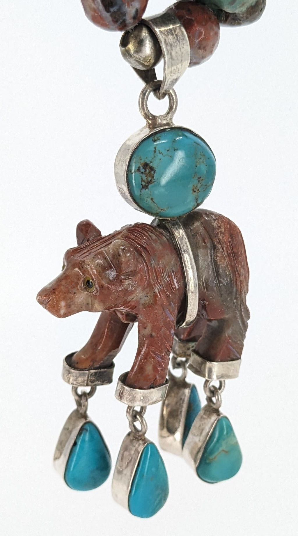 Southwest Inspired Turquoise, Jasper, and Sterling Necklace with Bear Fetish Pendant