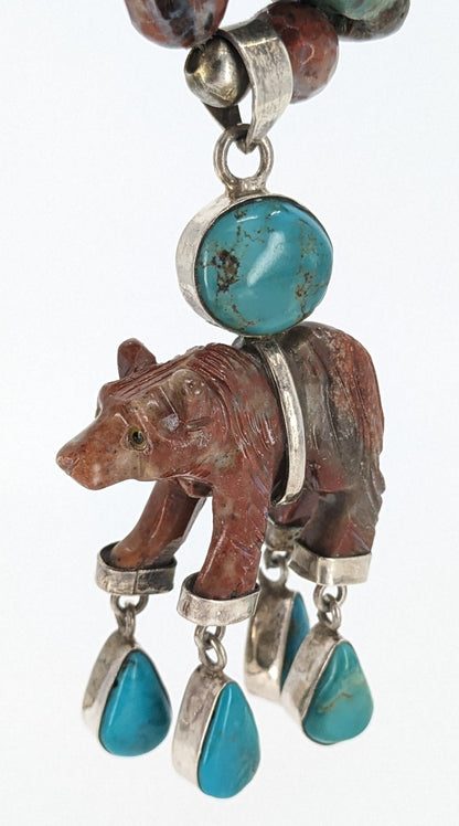 Southwest Inspired Turquoise, Jasper, and Sterling Necklace with Bear Fetish Pendant