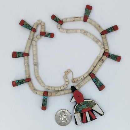 Santo Domingo (Kewa) Depression Era Turquoise and Repurposed Materials Thunderbird Necklace, c. 1930s