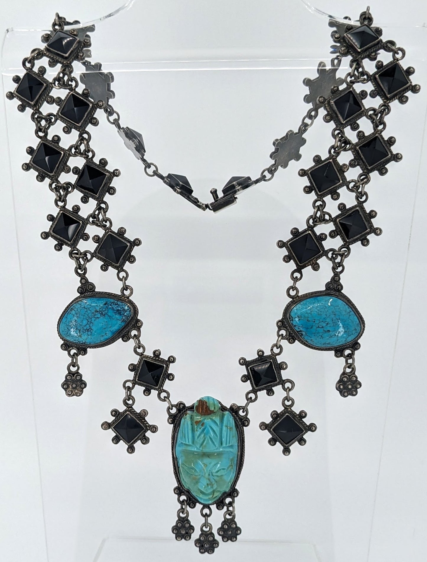 OOAK Taxco Aztec/Maya Figural Carved Turquoise, Obsidian, & Sterling Necklace & Bracelet Set