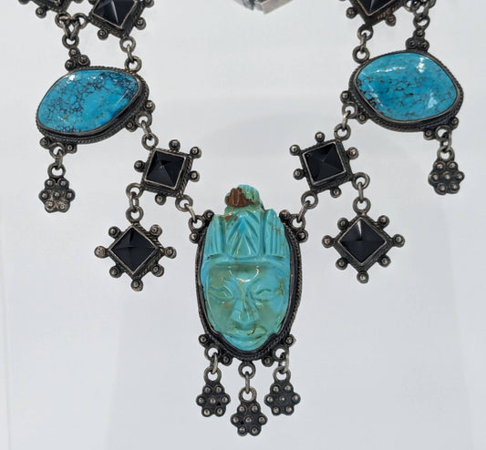 OOAK Taxco Aztec/Maya Figural Carved Turquoise, Obsidian, & Sterling Necklace & Bracelet Set