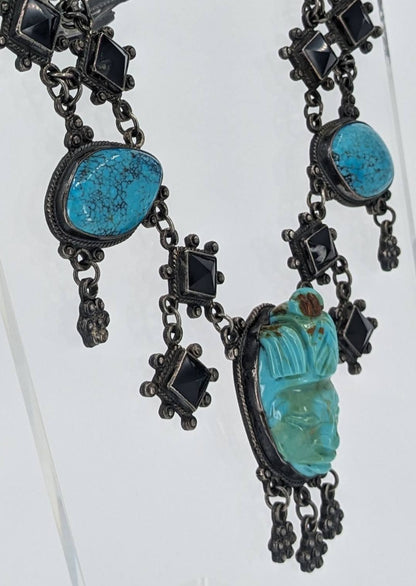 OOAK Taxco Aztec/Maya Figural Carved Turquoise, Obsidian, & Sterling Necklace & Bracelet Set