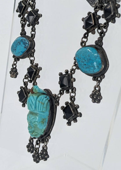 OOAK Taxco Aztec/Maya Figural Carved Turquoise, Obsidian, & Sterling Necklace & Bracelet Set