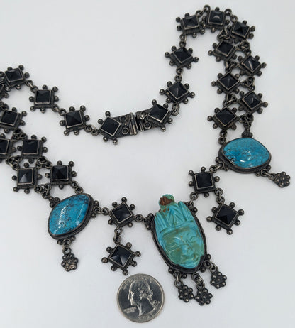 OOAK Taxco Aztec/Maya Figural Carved Turquoise, Obsidian, & Sterling Necklace & Bracelet Set