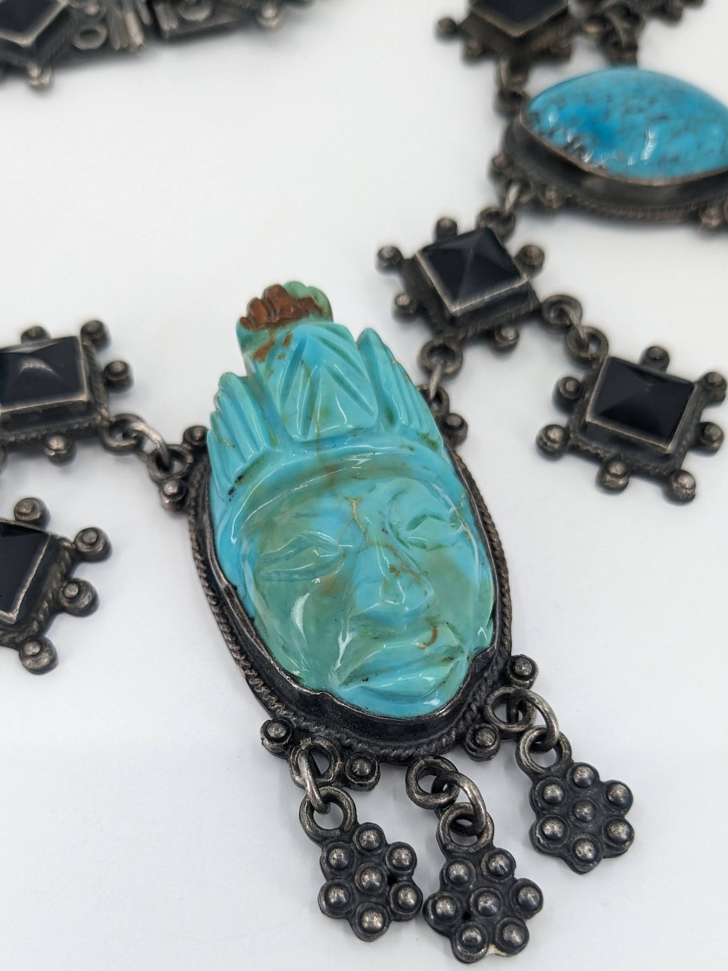 OOAK Taxco Aztec/Maya Figural Carved Turquoise, Obsidian, & Sterling Necklace & Bracelet Set