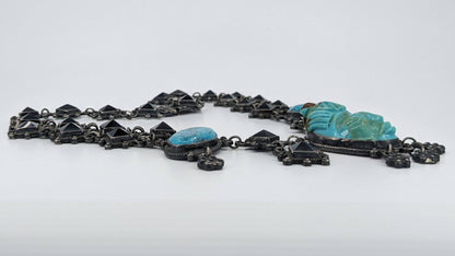 OOAK Taxco Aztec/Maya Figural Carved Turquoise, Obsidian, & Sterling Necklace & Bracelet Set